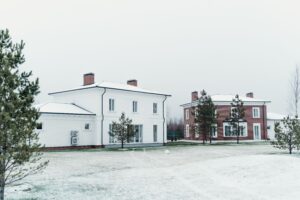 Two modern houses in a snowy winter scene with pine trees.